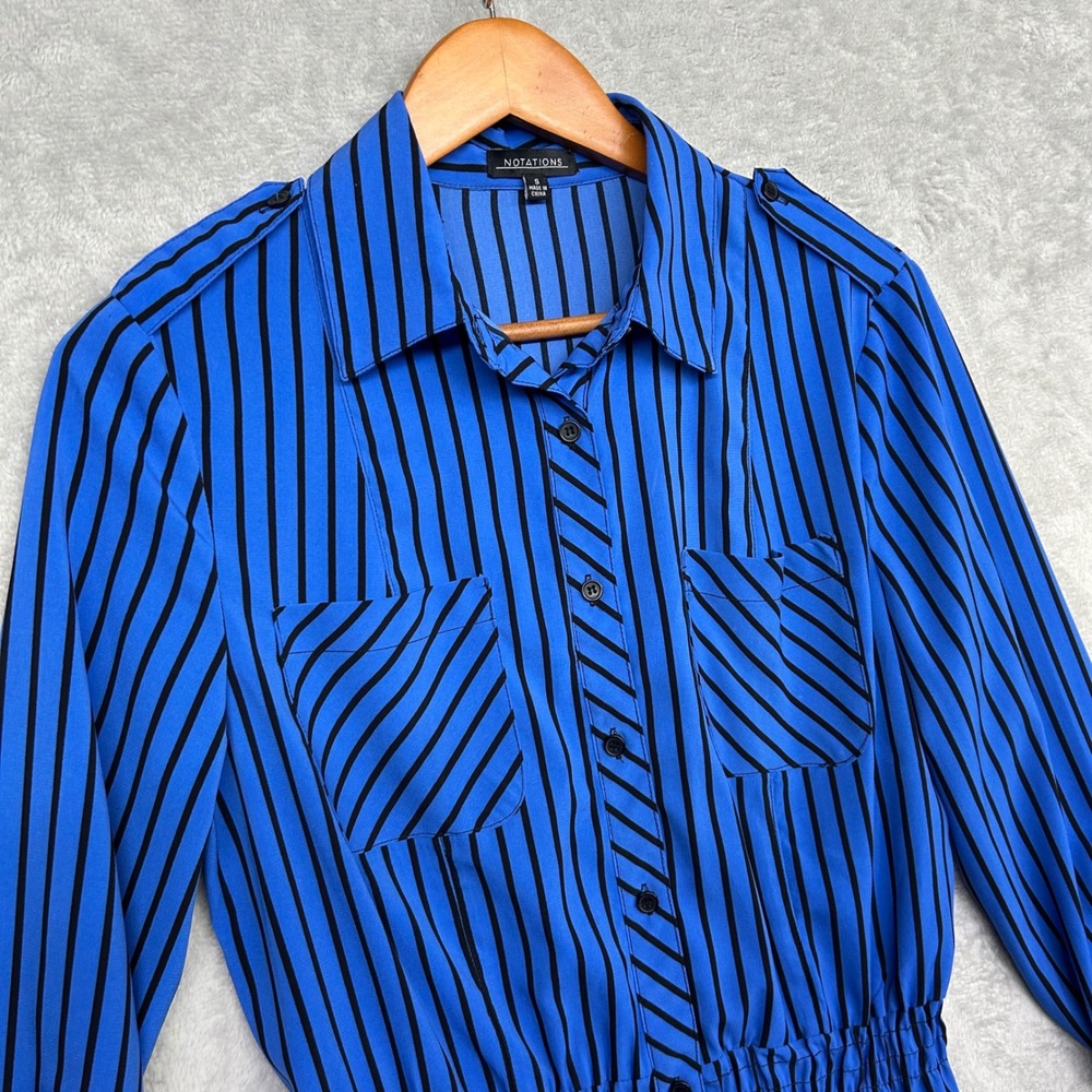 Notations Blue Striped Button Shirt Epaulets Roll Tab Y2K Office Preppy Small